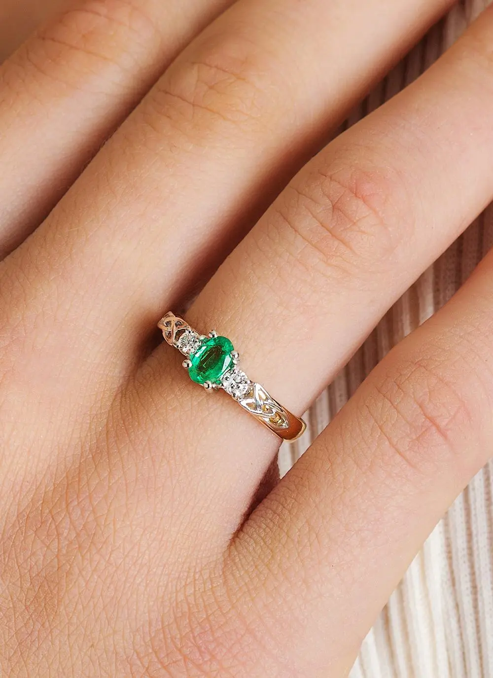 14ct Yellow & White Gold Oval Emerald & Diamond Trinity Ring - Image 2