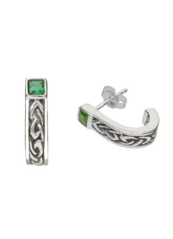 Sterling Silver Celtic Huggie Earrings With Green Cubic Zirconia