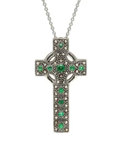 Sterling Silver & Marcasite High Cross Pendant With Green Cubic Zirconia