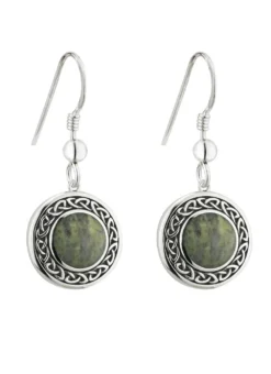 Sterling Silver Connemara Marble Round Celtic Drop Earrings
