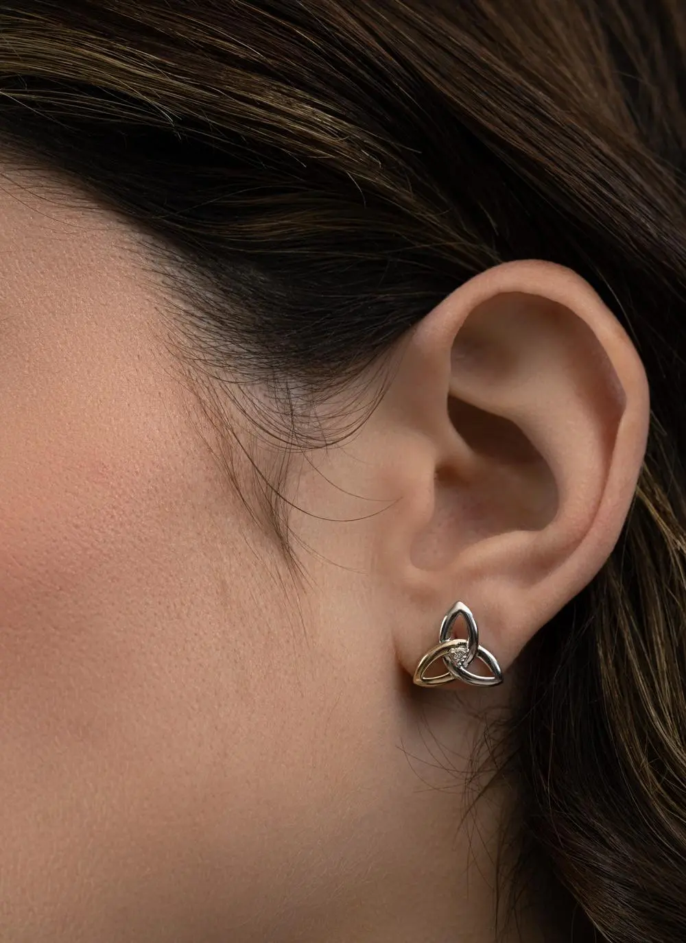 Sterling Silver & 10ct Gold Diamond Trinity Knot Stud Earrings - Image 3