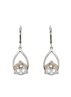 Sterling Silver & Rare Irish Rose Gold Trinity Knot Drop Earrings With Cubic Zirconia