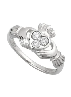 14ct White Gold Diamond Claddagh Ring