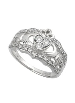 14ct White Gold Diamond Triple Claddagh Ring