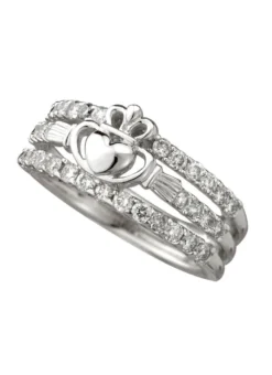 14ct White Gold Diamond Triple Band Claddagh Ring