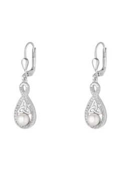 Sterling Silver Pearl & Crystal Trinity Knot Drop Earrings