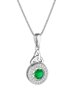 Sterling Silver Trinity Knot Halo Pendant With Green Cubic Zirconia