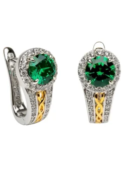 Sterling Silver Celtic Knot Halo Earrings With Green Cubic Zirconia