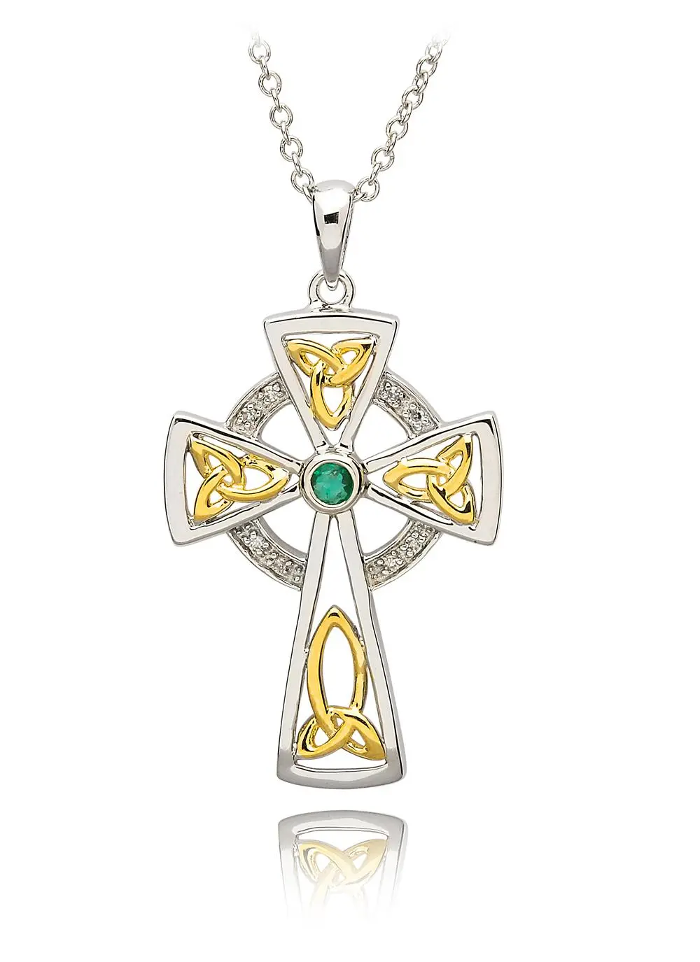 Silver Celtic Trinity Diamond And Emerald Cross Pendant
