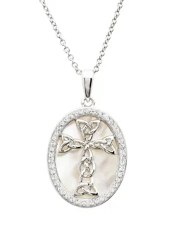 Sterling Silver Mother Of Pearl Celtic Cross Medallion Pendant With White Crystals