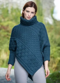 Aran Cowl Neck Poncho With Sleeves