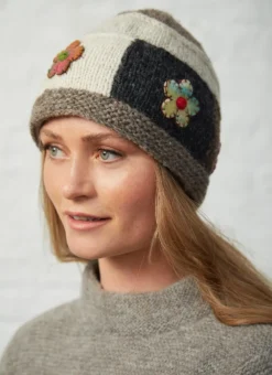 Hand-Knit Wool Floral Beanie