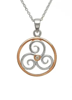 Sterling Silver & Rare Irish Rose Gold Triskele Pendant With Cubic Zirconia