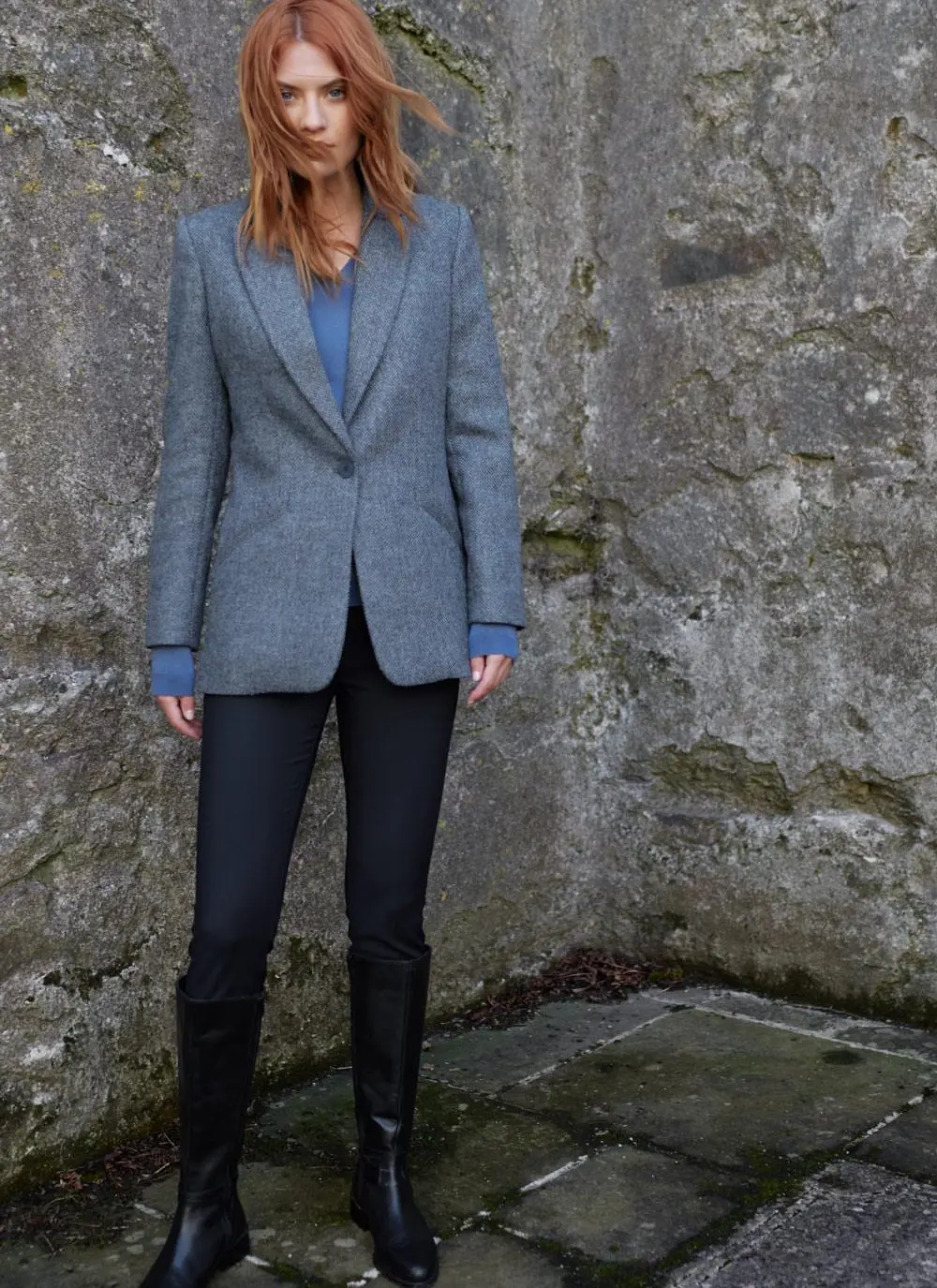 Herringbone Tweed Blazer In Blue - Image 3