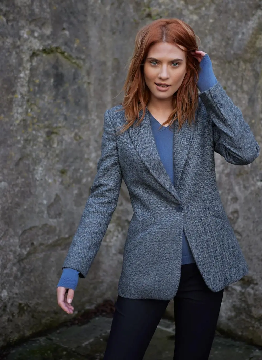 Herringbone Tweed Blazer In Blue - Image 2