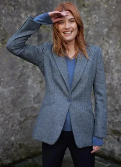Herringbone Tweed Blazer In Blue