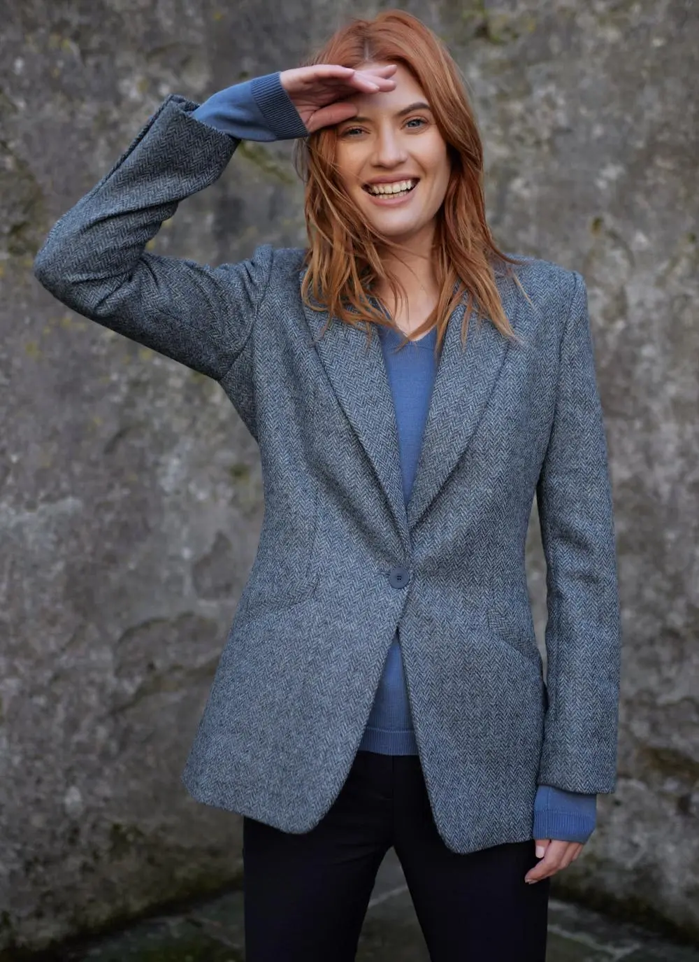 Herringbone Tweed Blazer In Blue