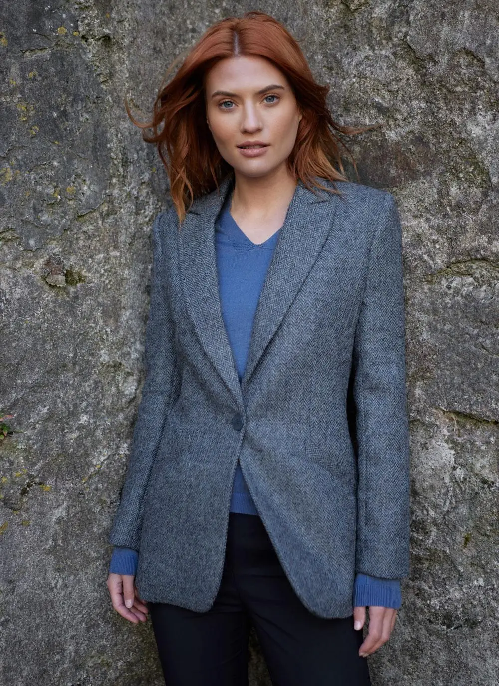 Herringbone Tweed Blazer In Blue - Image 4