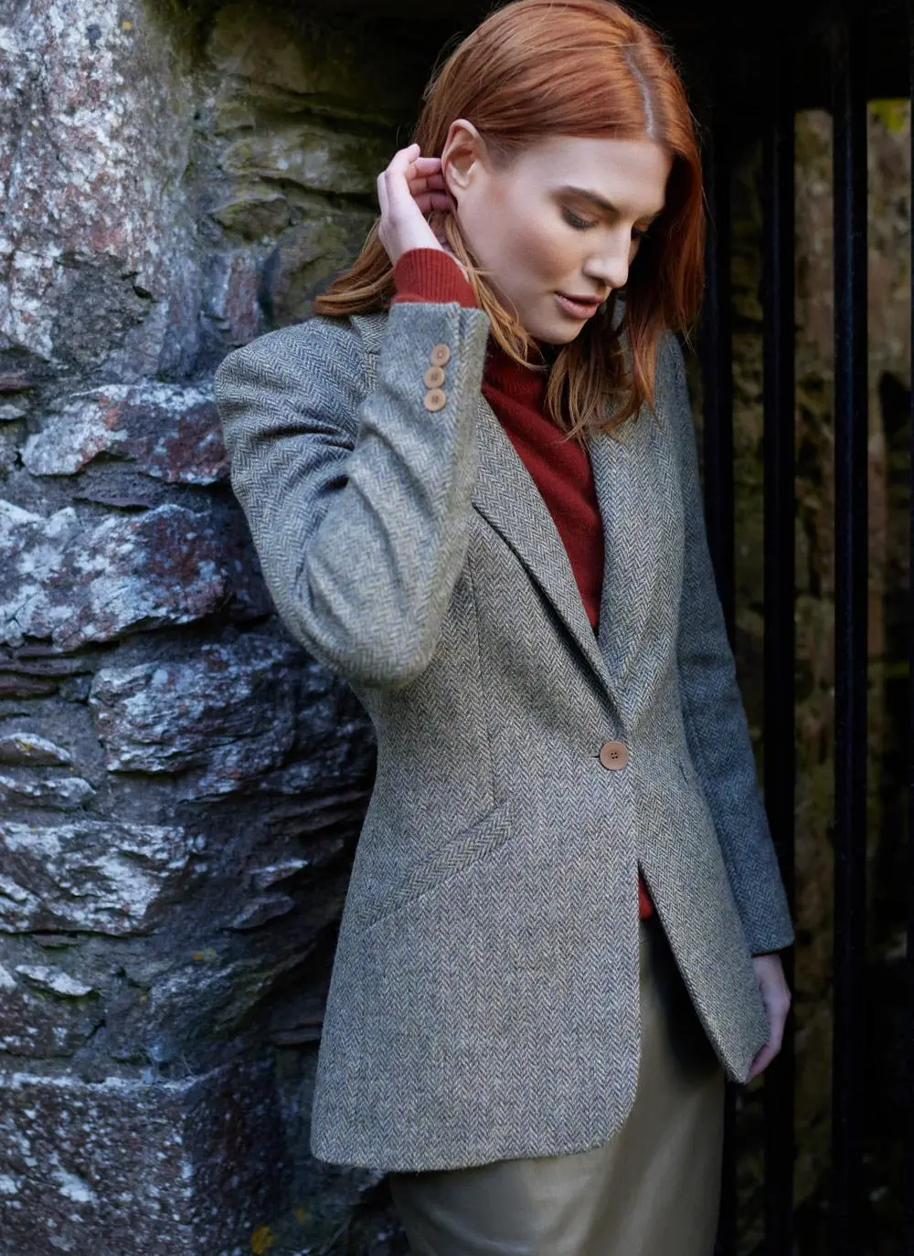 Herringbone Tweed Blazer In Brown/Grey - Image 3