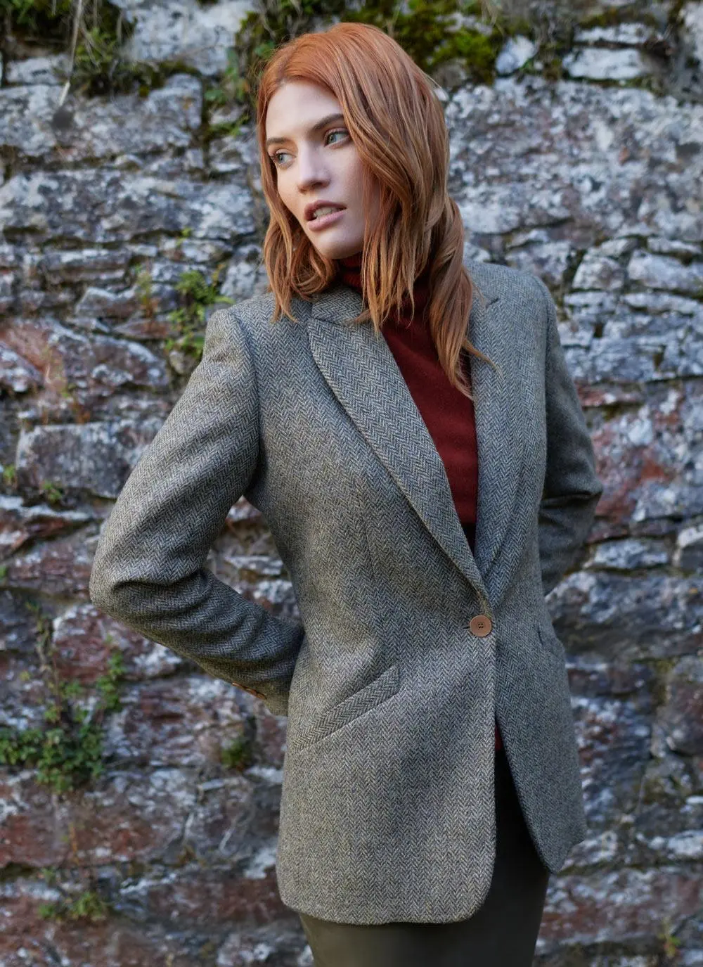 Herringbone Tweed Blazer In Brown/Grey