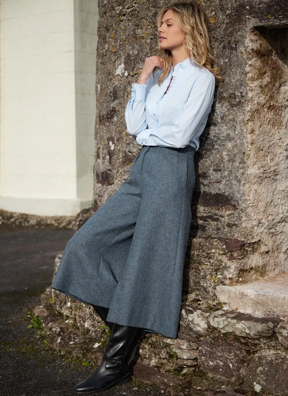 Herringbone Tweed Culottes In Blue