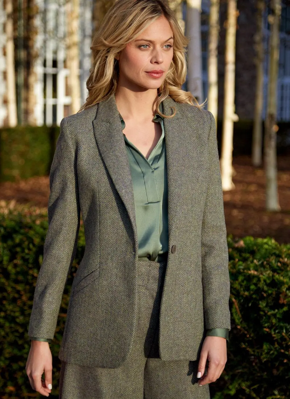 Herringbone Tweed Blazer In Green - Image 2