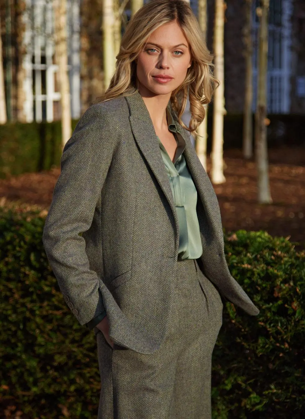 Herringbone Tweed Blazer In Green - Image 3