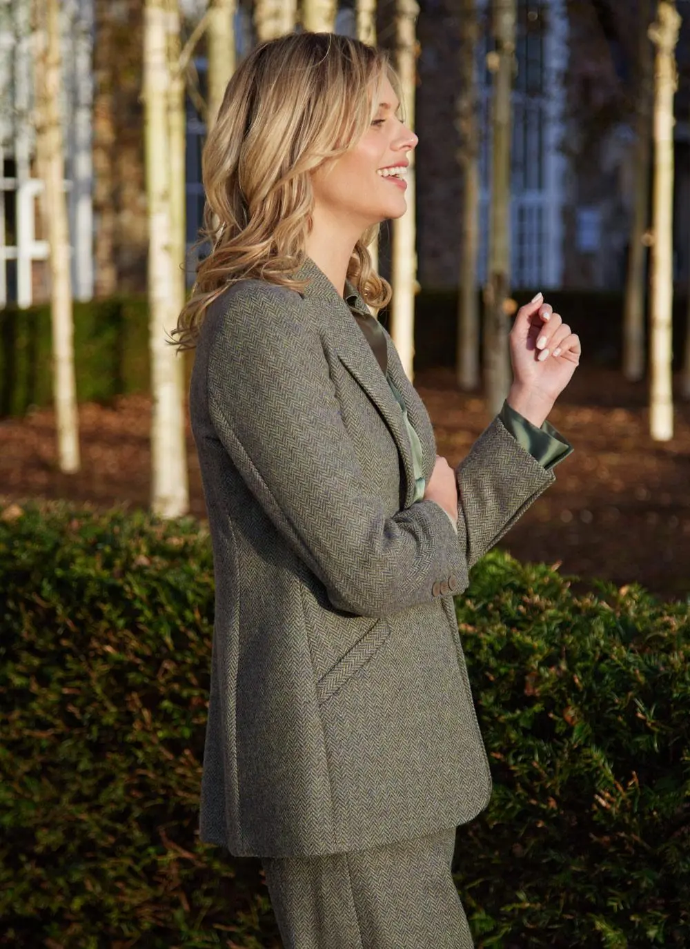 Herringbone Tweed Blazer In Green - Image 4