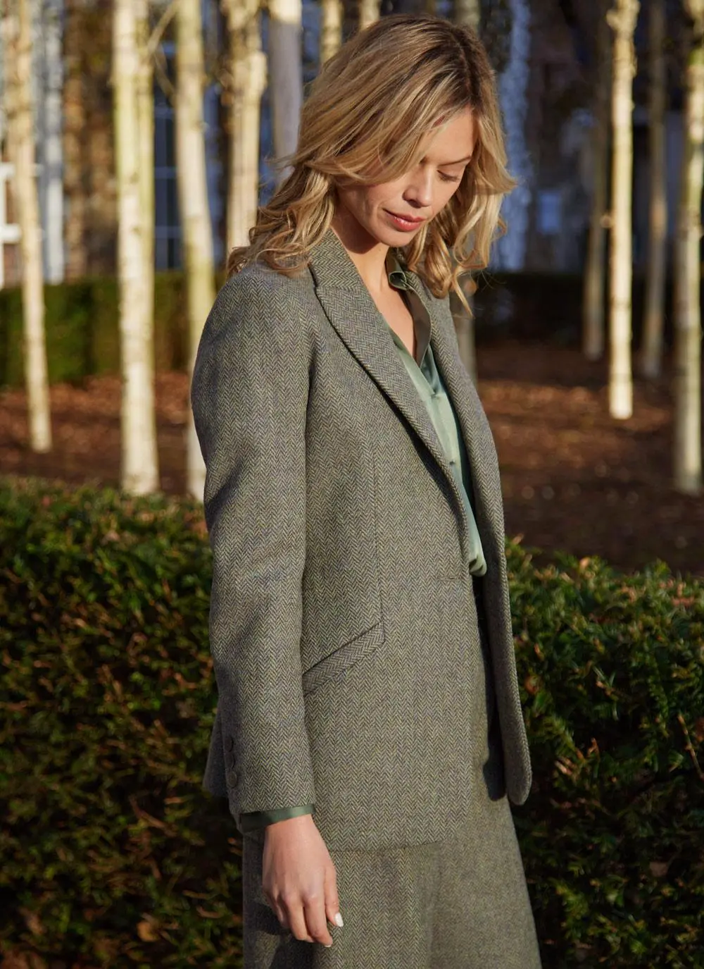Herringbone Tweed Blazer In Green - Image 5