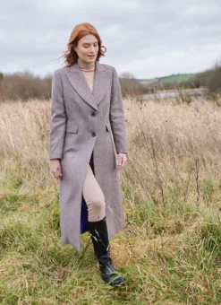 Herringbone Tweed Longline Coat In Heather