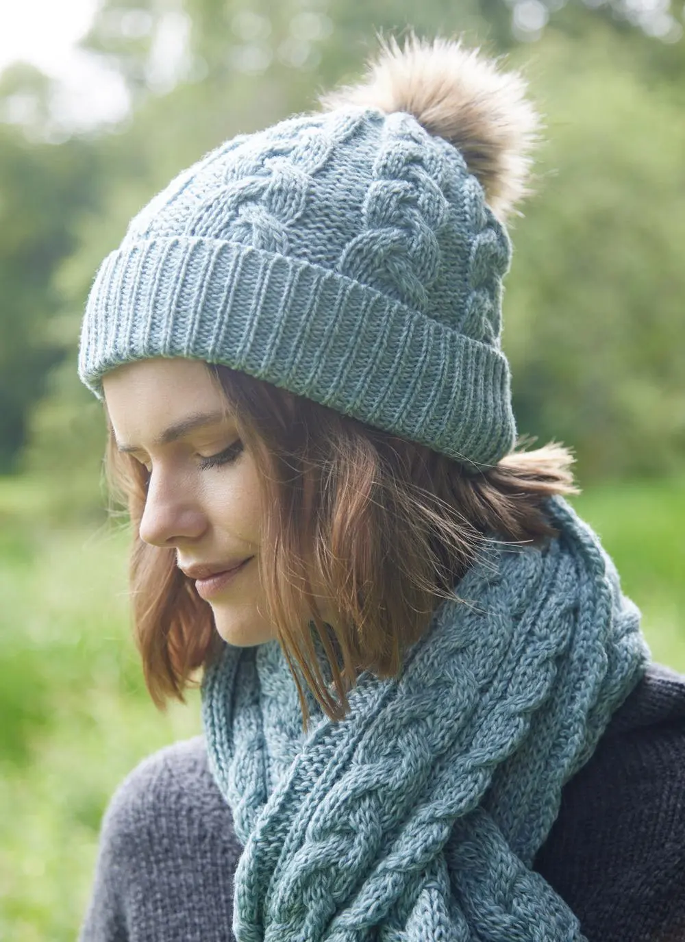 Cable Knit Pom Pom Beanie With Faux Fur