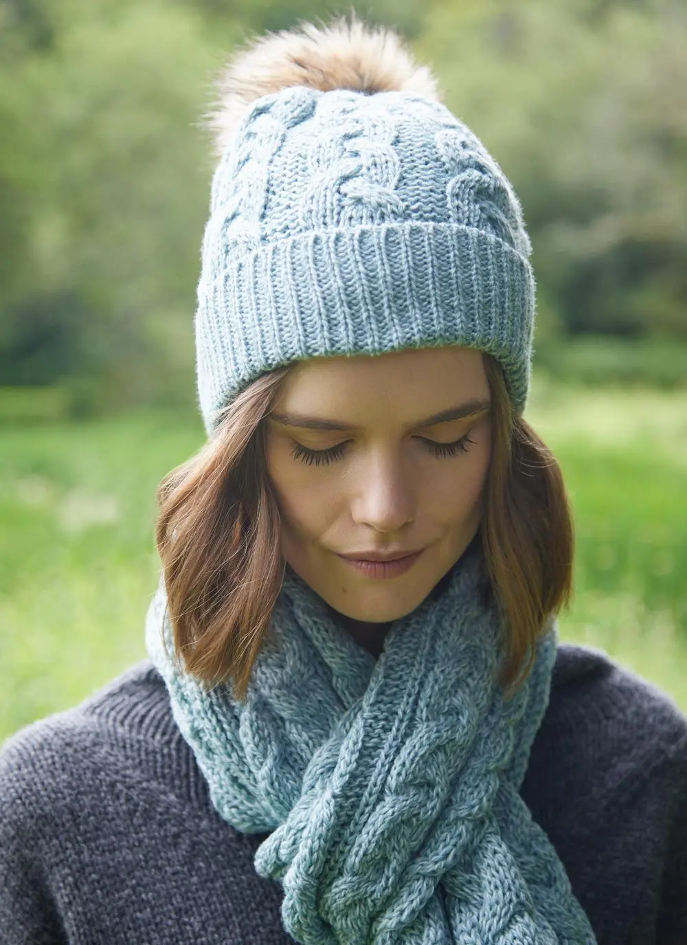 Cable Knit Pom Pom Beanie With Faux Fur - Image 2