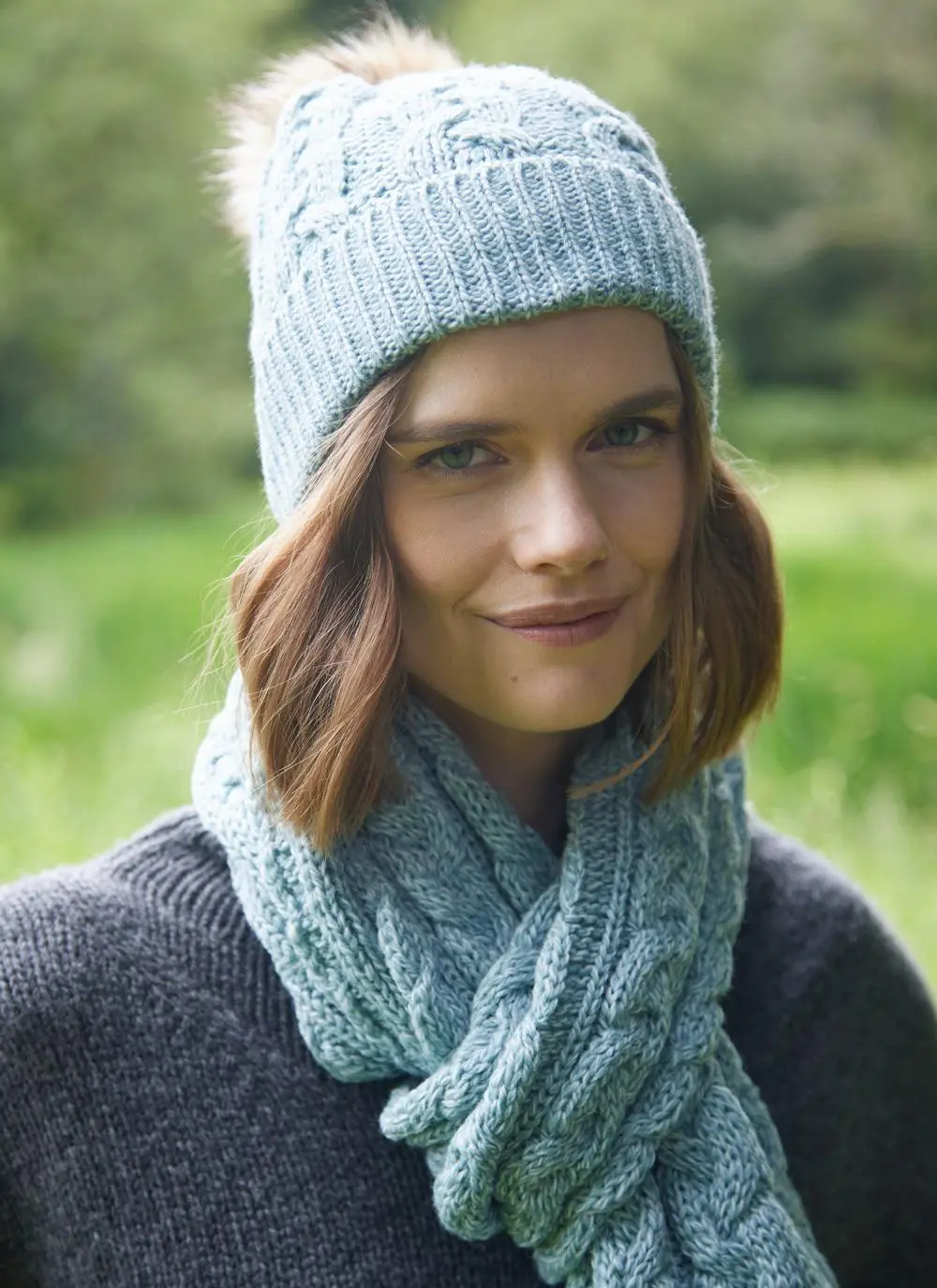 Cable Knit Pom Pom Beanie With Faux Fur - Image 3