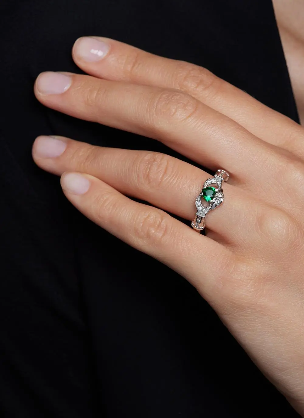 14ct White Gold Diamond & Emerald Stackable Claddagh Engagement Ring - Image 2