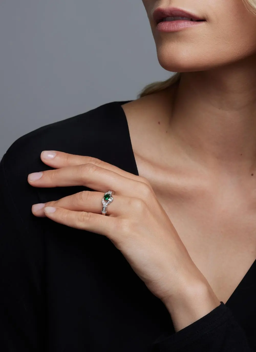 14ct White Gold Diamond & Emerald Stackable Claddagh Engagement Ring - Image 3