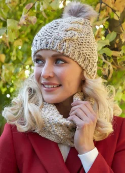Oatmeal Speckle Wool Bobble Hat & Infinity Scarf Set